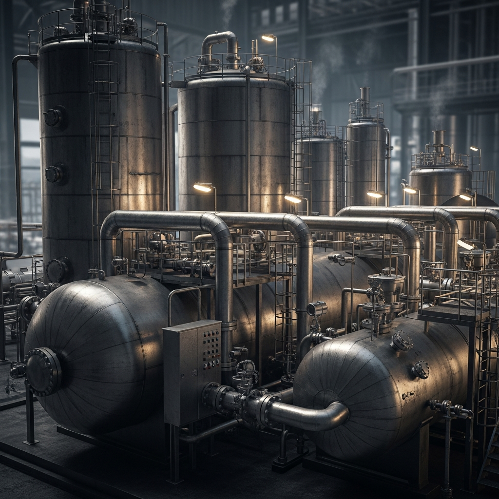 Gas separation facility with pressure vessels and industrial equipment